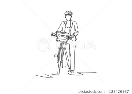 Single one line drawing young businesswoman with helmet walking next to her bicycle. Eco friendly transport and healthy active lifestyle. Modern continuous line draw design graphic vector illustration 128426587