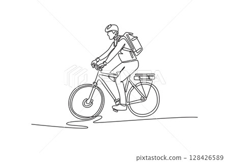 Single continuous line drawing young businessman wearing helmet and backpack to start his bike trip from the office to his home. Commuting lifestyle. one line draw graphic design vector illustration Single continuous line drawing young businessman wearing helmet and backpack to start his bike trip from the office to his home. Commuting lifestyle. one line draw graphic design vector illustration 128426589