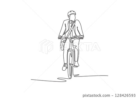 Single one line drawing young business executive with helmet and briefcase commuting by bike happy. Commute on bike, healthy lifestyle. Modern continuous line draw design graphic vector illustration Single one line drawing young business executive with helmet and briefcase commuting by bike happy. Commute on bike, healthy lifestyle. Modern continuous line draw design graphic vector illustration 128426593