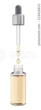 Opened glass dropper bottle with pipette Opened glass dropper bottle with pipette 128426631