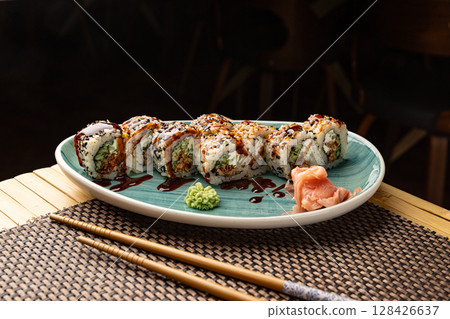 Sushi rolls with cucumber and cream cheese 128426637