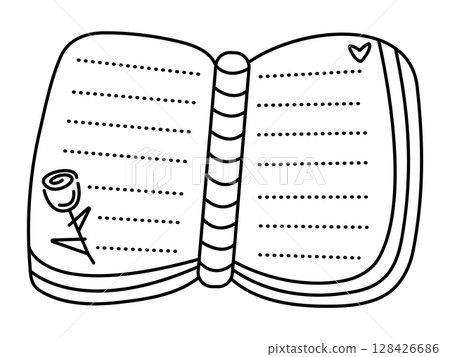 Black line book doodle, romantic monochrome notepad pictogram, cute vector illustration of a notebook 128426686
