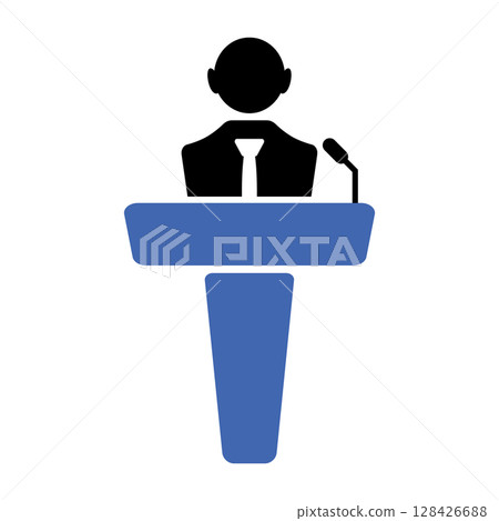Public Speaker Icon at Podium with Microphone Vector Illustration. A simplified silhouette of a person standing behind a blue podium, delivering a speech. Public Speaker Icon at Podium with Microphone Vector Illustration. A simplified silhouette of a person standing behind a blue podium, delivering a speech. 128426688