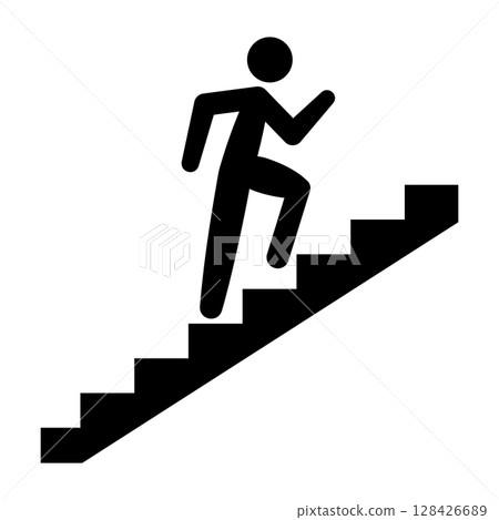 Man Walking Up the Stairs. Vector Silhouette Illustration. A simplified human figure walking up a staircase. The person is shown in motion. Man Walking Up the Stairs. Vector Silhouette Illustration. A simplified human figure walking up a staircase. The person is shown in motion. 128426689