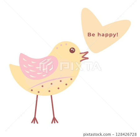 Cute bird with a heart shape and text there - Be happy. Color vector illustration Cute bird with a heart shape and text there - Be happy. Color vector illustration 128426728