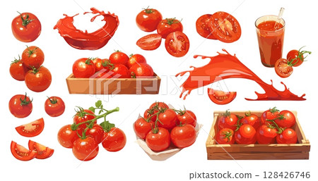 tomatoes set cartoon. juice tomato slices, cherry wooden box vegetable healthy vitamins food red liquid drink vector illustration tomatoes set cartoon. juice tomato slices, cherry wooden box vegetable healthy vitamins food red liquid drink vector illustration 128426746