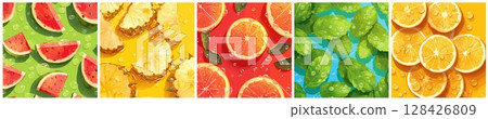 fruits summer background set. watermelon pineapple grapefruit orange mint lies on green yellow red blue table, summer vitamins fruit slices juice juicy fresh drink vector illustration 128426809