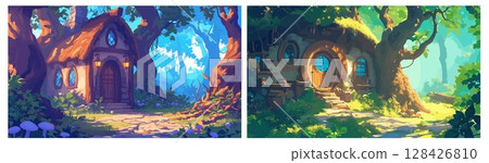 forest houses cartoon background. fairy tale house, elf magician wizard round door stone thatched roof housing hut bright fantasy vector illustration 128426810