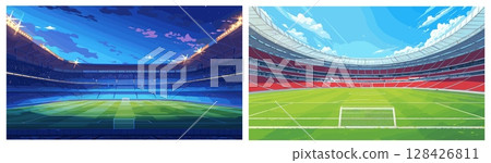 football field background set. stadium cartoon, soccer sport competition championship game arena lawn blue sky clouds gate vector illustration 128426811