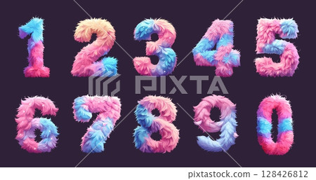 fluffy colored numbers set. pink blue soft digit, plush wool decor design number vector illustration fluffy colored numbers set. pink blue soft digit, plush wool decor design number vector illustration 128426812