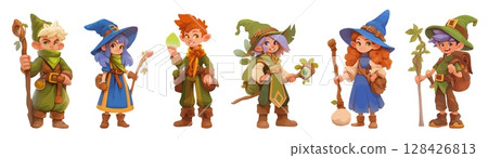 elves cartoon set. girl boy fairy forest character, child gnome elf green blue suit hat cap magic staff vector illustration 128426813
