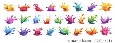 color splash set cartoon. yellow red pink green purple orange blue paint blot, drops bright multicolored vector illustration 128426814