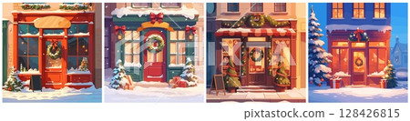 Christmas shops set background. facade showcase store cartoon, holiday winter snow decoration decor door tree entrance postcard vector illustration 128426815