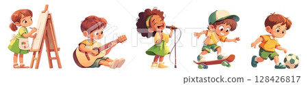 childrens hobby cartoon set. girl in green dress artist singer boy football player guitarist skater, guitar sport creativity childhood vector illustration 128426817