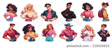 character woman man cartoon stylish. fashion vintage girl guy brunette brown-haired redhead african american cowboy businessman artist actor singer white dress yellow pink blouse vector illustration 128426818