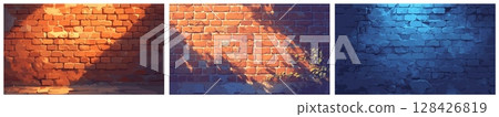 brick wall cartoon set. old rough red blue brown brickwork, game street shadow day evening vector illustration 128426819