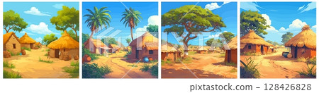 african village background set. africa house street cartoon, hot summer climate thatched roof wild tribe people nation ancient primitive clay small traditional hut rondavel home jug vector 128426828
