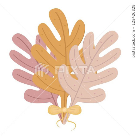Three autumn leaves of acorn, fall foliage bouquet of oak, color vector atmospheric illustration in boho style 128426829