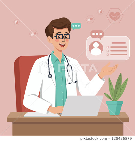 Male Doctor Working with Laptop and Medical Icons Male Doctor Working with Laptop and Medical Icons 128426879