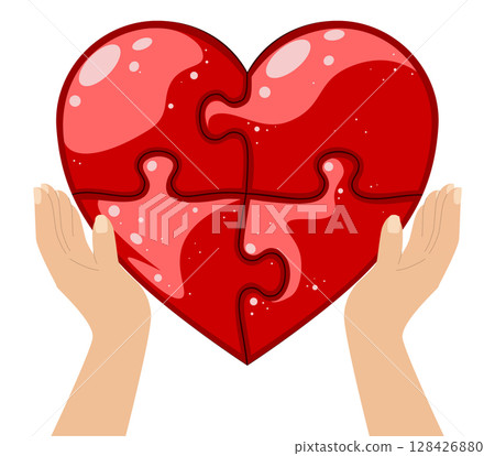 Red heart created from puzzles and hands 128426880