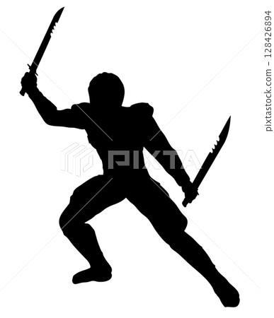 Silhouette of Warrior Holding Sword 128426894