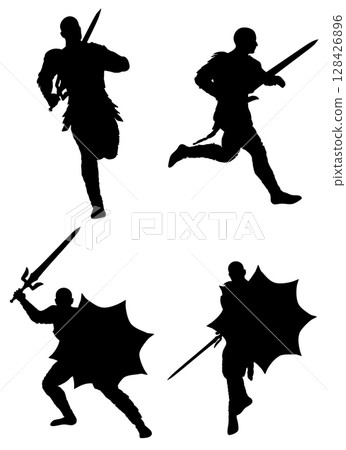 Silhouette of Warrior with Sword in Armor Silhouette of Warrior with Sword in Armor 128426896