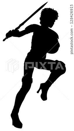 Woman warrior with sword and shield silhouette Woman warrior with sword and shield silhouette 128426915