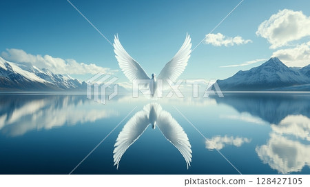 Serene White Dove Peaceful Mountain Lake Reflection Nature Serenity sky art calm bird blue snow cold 128427105