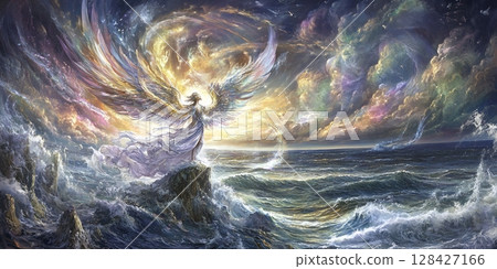 Angelic Being with Wings Ocean Waves Fantasy Art Divine Spiritual Sky Hope Blue Rock Faith Light 128427166