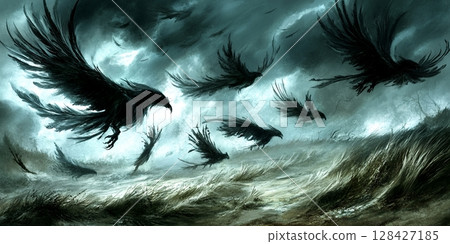 Dark Ravens Flying Stormy Sky Dramatic Art Fantasy Illustration wind fear crow birds wings black 128427185