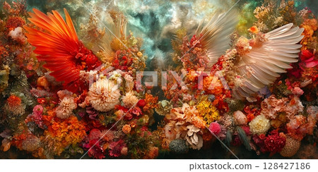 Vibrant Floral Fantasy Wings Artistic Botanical Surrealism Dreamlike Orange Peach Flowers Red Pink 128427186