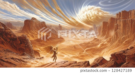 Angelic Figure in Desolate Canyon Dramatic Fantasy Art Golden Sky Awe Rock Hope Calm Sand Wind Dust 128427189