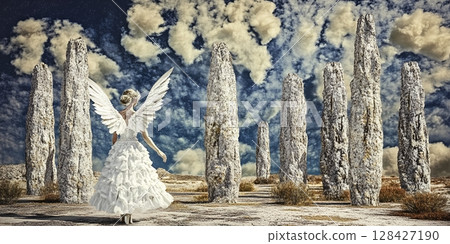 Angelic Woman in White Dress Ancient Stone Circle Mystical Fantasy Dreamlike Sky Art Hope Calm Wings 128427190