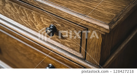 Dark Brown Wooden Chest Drawers Detail Closeup Antique Furniture oak old home rich knob pull room 128427218