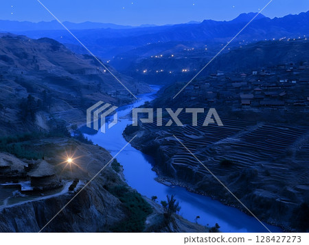 Serene Night River Valley Village Scenic Landscape Tranquil Blue Mountains Starry Sky Dark Dusk Calm 128427273
