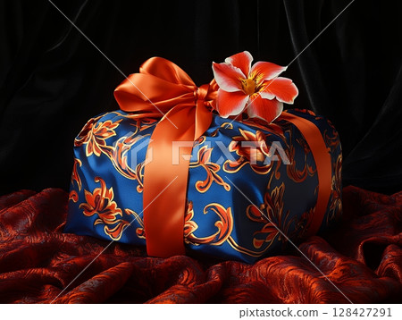 Elegant Blue Gift Box Orange Ribbon Floral Design Luxurious Present red bow silk dark rich gold 128427291