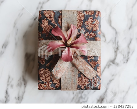 Elegant Gift Box Dark Floral Pattern Pink Flower Festive Present art top grey gold view life brown 128427292