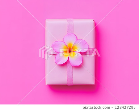 Pink Gift Box with Delicate Plumeria Flower Elegant Present Surprise Birthday Romantic art love card 128427293