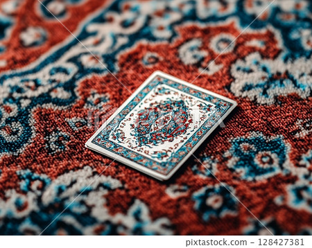 Ornate Persian Rug Detail Closeup Elegant Design Pattern Texture red art blue home rich white craft 128427381