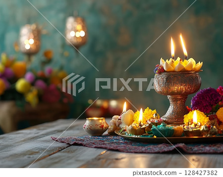 Illuminated Festive Diya Candles Golden Tray Floral Decor warm hope life light peace metal brass 128427382