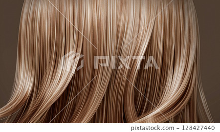 Long, luxurious golden blonde hair with soft waves and curls, showcasing incredible shine and healthy texture against a rich, dark background. 128427440