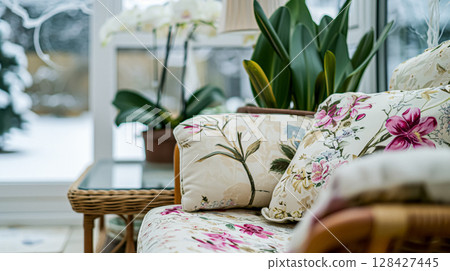 Colorful pillows on sofa against glass wall of window in a winter garden or conservatory. Interior textile concept. High quality photo 128427445