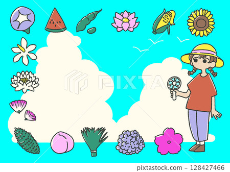 夏季花卉、蔬菜、水果和女孩背景積雨雲 128427466
