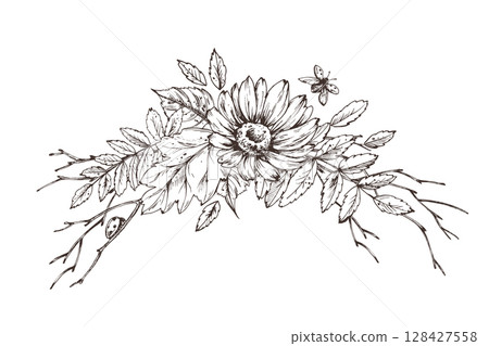 Asymmetrical horizontal floral composition with wildflowers, leaves, and twigs. Hand drawn line art illustration perfect for seasonal design, packaging, and rustic branding. Asymmetrical horizontal floral composition with wildflowers, leaves, and twigs. Hand drawn line art illustration perfect for seasonal design, packaging, and rustic branding. 128427558