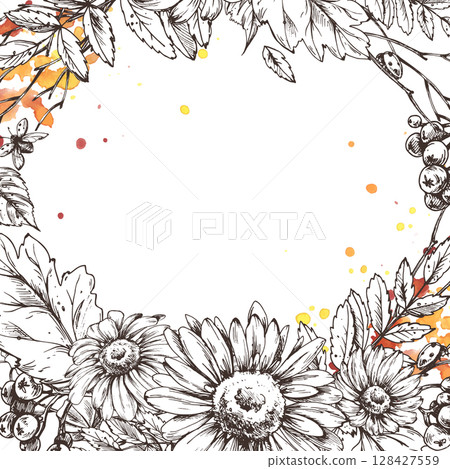 Square autumn frame with a sunflower centerpiece and watercolor splashes. Created in hand drawn illustration technique with fine line art and warm seasonal elements. Square autumn frame with a sunflower centerpiece and watercolor splashes. Created in hand drawn illustration technique with fine line art and warm seasonal elements. 128427559