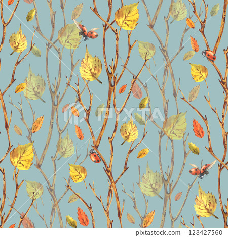 Hand drawn seamless autumn pattern with yellow and orange birch leaves, ladybugs and branches on blue, turquoise background. Watercolor illustration for packaging, cards and textile design. 128427560