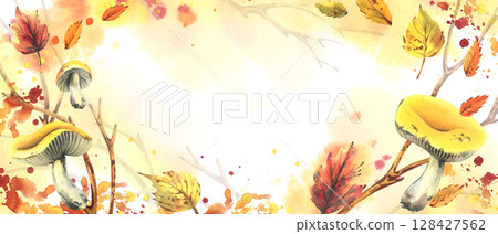 Watercolor illustration of mushrooms, yellow russula, dry leaves and branches in autumn horizontal template, hand-drawn frame. Ideal for seasonal compositions and decorative backgrounds for text. Watercolor illustration of mushrooms, yellow russula, dry leaves and branches in autumn horizontal template, hand-drawn frame. Ideal for seasonal compositions and decorative backgrounds for text. 128427562