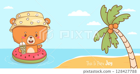 Cute summer bear in panama swims on watermelon ring with tropical drink. Funny poster with Animal kawaii character with sea, palm tree and slogan. Vector horizontal illustration. Not AI 128427788