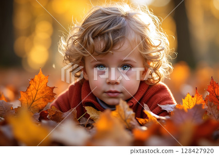 Cute child in autumn leaves. 128427920