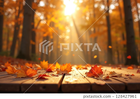 Autumn leaves on a wooden deck. 128427961
